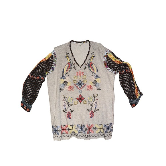John Mark Tunic Top 1X Embroidered Knit Peacock Bird Long Sleeve Stretch Gray - Picture 2 of 9